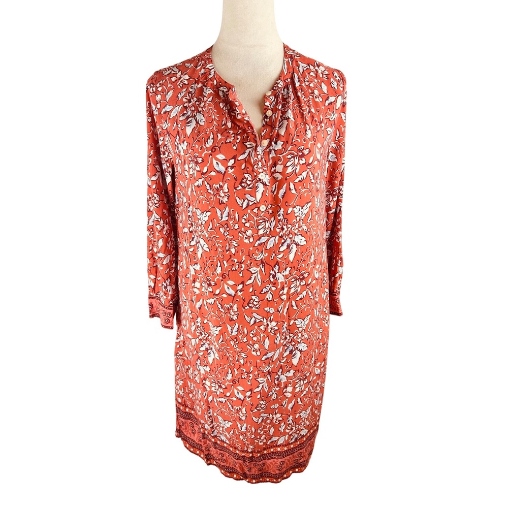 LOFT Shift Dress Rust Orange Boho Floral Paisley Long Sleeve Womens Petite Small